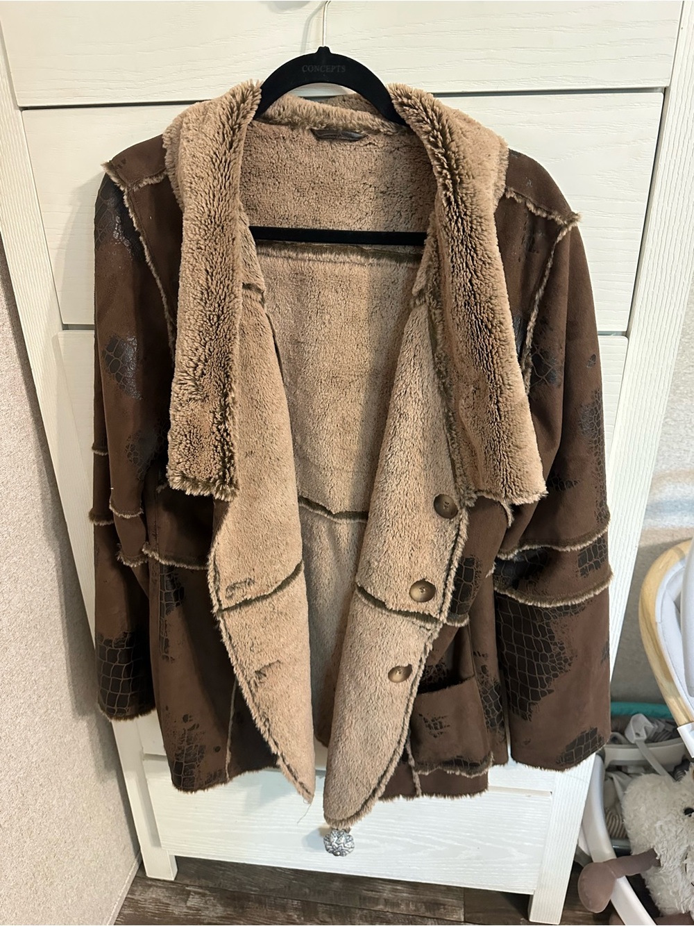 Plush-Lined Brown Patchwork Faux Shearling Coat